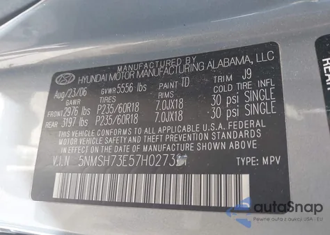 2007 Hyundai Santa Fe Limited/Se z USA, uszkodzony, nr VIN 5NMSH73E57H027321